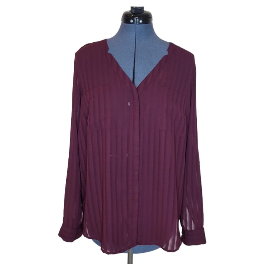 Metaphor Burgundy red semi sheer button down vertical stripe top large